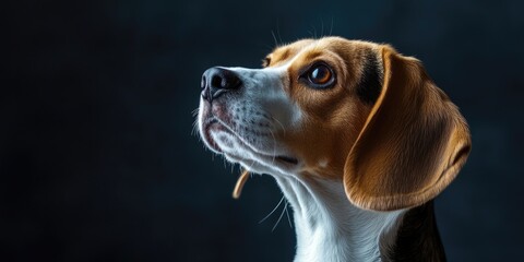 Poster - Beautiful portrait of a Beagle dog on a dark background with copy space, close-up. The Beagle is a small hound dog breed. Pet training. World Animal Day.