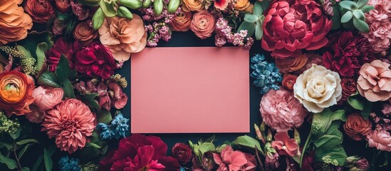 Blank pink card surrounded by colorful flowers on a dark background.