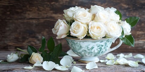Aufkleber - Bouquet of white wedding roses in a vintage cup on a wooden background with floral petals.