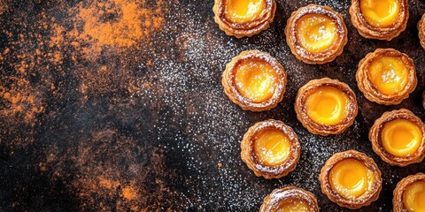 Poster - Pasteis de nata, traditional Portuguese egg tarts, arranged on a table. Top view with copy space.