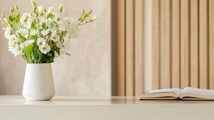 Wall Mural - A modern tabletop arrangement with fresh flowers in a vase next to an open book in a serene indoor space