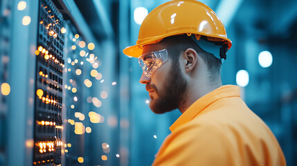 A technician in a hard hat and goggles carefully monitors electrical equipment in a modern industrial setting, surrounded by sparks and technology.