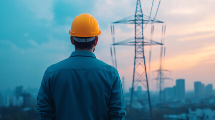 Construction worker in a hard hat observes power lines at sunset in an urban landscape, reflecting on energy and infrastructure.