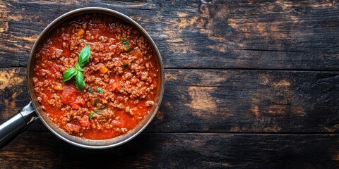 Poster - Traditional Italian Bolognese sauce in a saucepan on an aged dark wooden background. Top view, copy space.