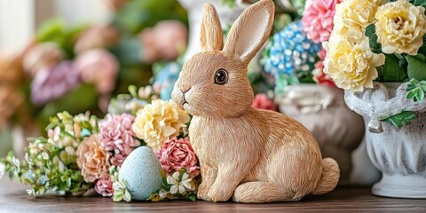 Aufkleber - Easter arrangement, festive home decoration. Handmade craft of a playful bunny rabbit and flowers.