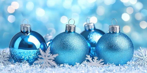 Aufkleber - Blue glass Christmas ornaments on a snowflake backdrop.