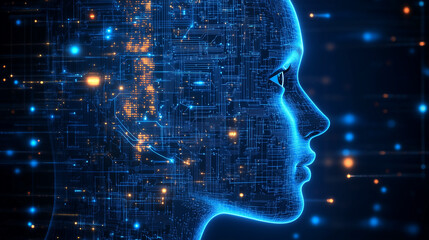 Wall Mural - multimodal generative ai, cinematic ai woman, futuristic robot, data,digital elements and holograms 