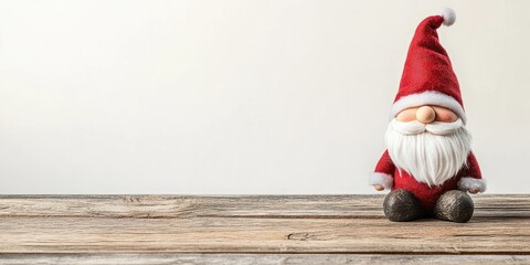 Wall Mural - Humorous Christmas gnome on a wooden table with a white background. Room for text.