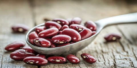 Poster - Red kidney beans in a scoop on a wooden table against a white background.
