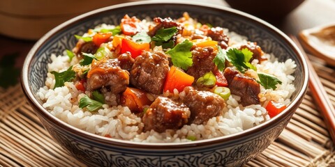 Poster - Chinese cuisine, rice with pork and meat