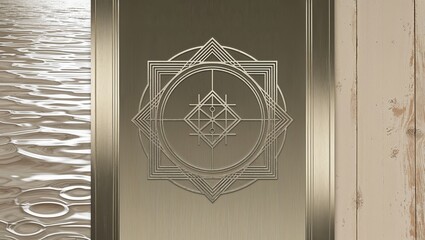 Poster - Geometric design on a metallic surface with a glimpse of rippling water.