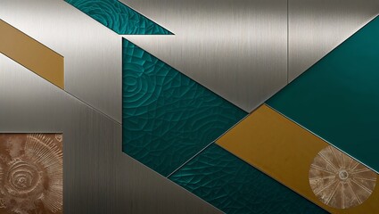 Sticker - Abstract geometric shapes with textured surfaces in shades of gold, teal, and silver.