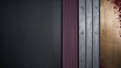 Wall Mural - A close-up shot of various textures: black, burgundy, metal, and wood.