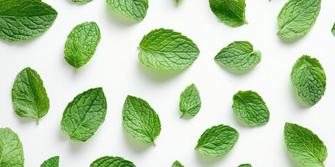 Poster - Fresh green mint leaves on a white background, a mint leaves pattern from a top view with copy space.