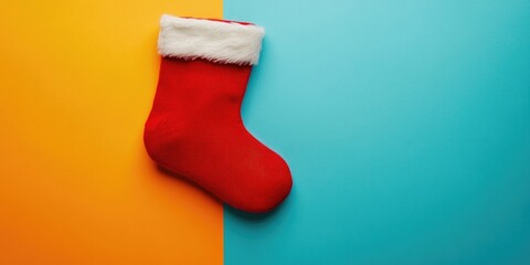 Poster - Santa red sock viewed from above on a colored background with empty space. Christmas background.