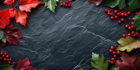 Aufkleber - Red viburnum and foliage on a black slate background with space for text.