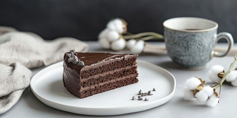 Aufkleber - Delicious chocolate cake on a white plate, accompanied by a ceramic cup and cotton flowers, set against a grey background for Sunday morning breakfast.
