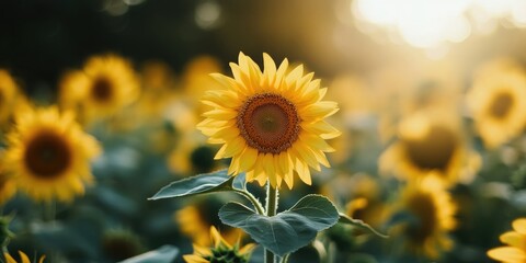 Poster - The sunflower field blossoms during summer. Selective focus. Nature.