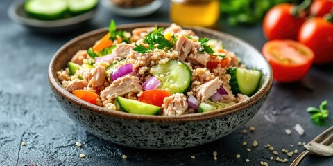 Poster - Food dieting concept featuring tuna salad. Couscous salad with canned tuna, tomatoes, cucumbers, and purple onions on a table. Copyspace.