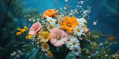 Aufkleber - Bouquet of flowers set against a backdrop of an ancient pine forest.