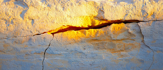 A close-up view of a cracked surface, showcasing textures and lighting that highlight the geological formation.