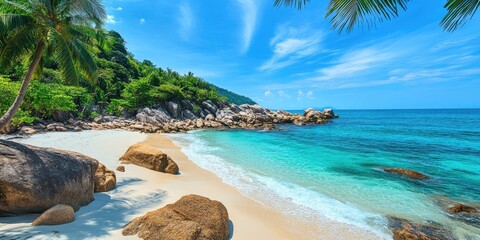 Poster - Seascape. Shoreline featuring white sand, blue waters, rocks, and tropical vegetation. Concept of travel and tourism.