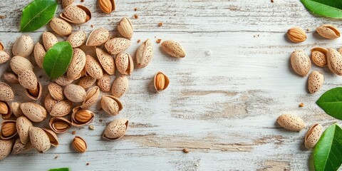 Poster - Almonds and their shells on a white wooden table