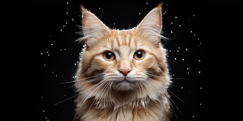 Poster - Front view of a cream-colored beige and white Maine Coon cat gazing at the camera, with water droplets in front of its face, set against a black background.