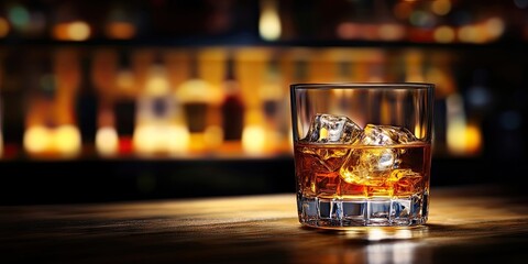 Poster - A glass of whiskey with ice. Background featuring copy space. A glass of liquor on the bar countertop.