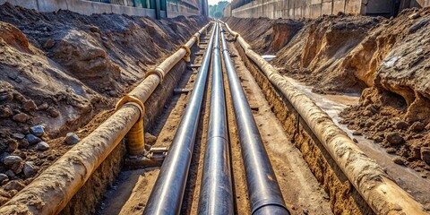 Wall Mural - detail of iron piping in excavated trench