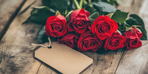 Poster - A bunch of red roses with a tag wrapped in paper on a wooden surface.