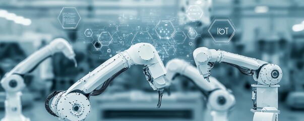 Aufkleber - Automation of industrial robots and robotic arms in factory production. Concept of stock for industrial revolution and manufacturing automation NLP.