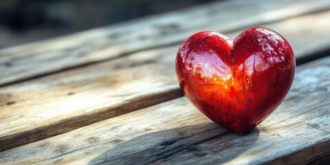 Poster - Valentine's Day features a red heart and a table toy on a wooden table, with copyspace for texture.