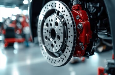 Canvas Print - In the process of replacing new tires, a car disc brake is being repaired. Close-up of suspension of a car for brake and shock absorber service.