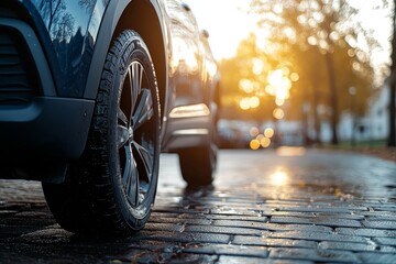 Aufkleber - Business success concept using blue family car on sunset.