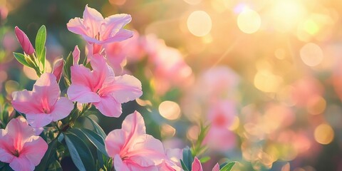 Sticker - Pink oleander flowers in the park with bokeh effects in the sunset light. Background, copy space.