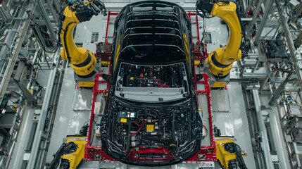 Poster - Autonomous robot arms assembly line manufacturing green energy electric vehicles. Conveyor belt for construction, building, and welding. Wide aerial view.