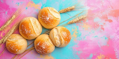 Poster - Fresh buns with wheat stalks on a colorful background