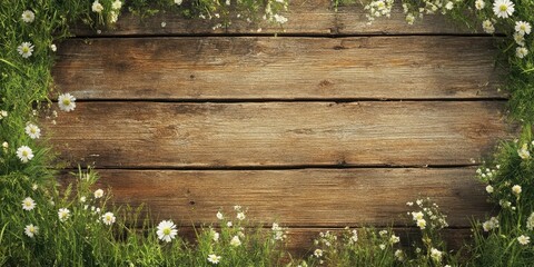 Poster - grass flower on wooden floor texture