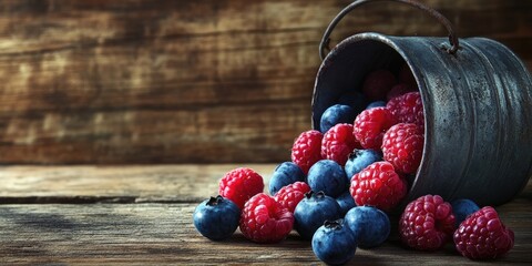 Poster - Blueberries or raspberries spilled from a pot onto a wooden background. Health and diet concept. Copyspace.