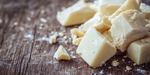 Poster - White chocolate pieces and delicious paste on a wooden table, closeup. Copyspace available.