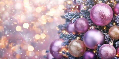 Leinwandbilder - Christmas tree ornaments, New Year backdrop. Bokeh and details. Golden, violet, and pink ornaments.