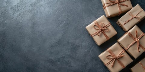 Poster - A collection of wrapped boxes with gifts on a grey textured background. Top view. Gift concept. Space for text.