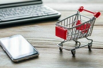  Mini shopping cart on desk with smartphone and laptop. Online shopping and e-commerce concept.