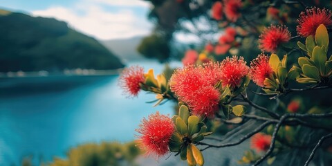 Poster - Pohutukawa red flowers bloom.