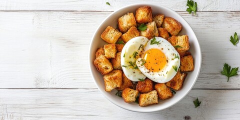 Poster - Nutritious meal. English breakfast featuring a boiled egg and croutons on a white wooden background.