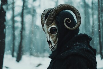 Person in ram skull mask and black cloak in snowy forest. Dark fantasy and mysterious concept.