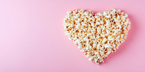 Poster - Popcorn heart on a pink background. Valentine's Day gift cinema theme. Top view flat lay with copyspace. Area for an idea, quote, or film title.