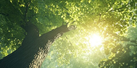 Aufkleber - Fresh green tree in the forest viewed from below, with sunlight filtering through the branches and leaves.
