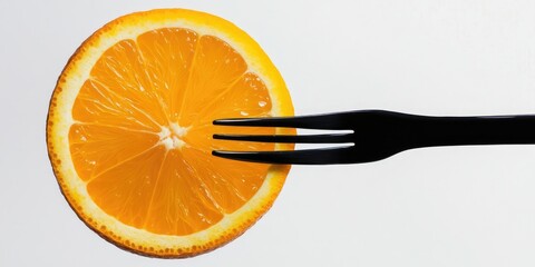 Aufkleber - Fresh orange slice on a black fork set against a white background.